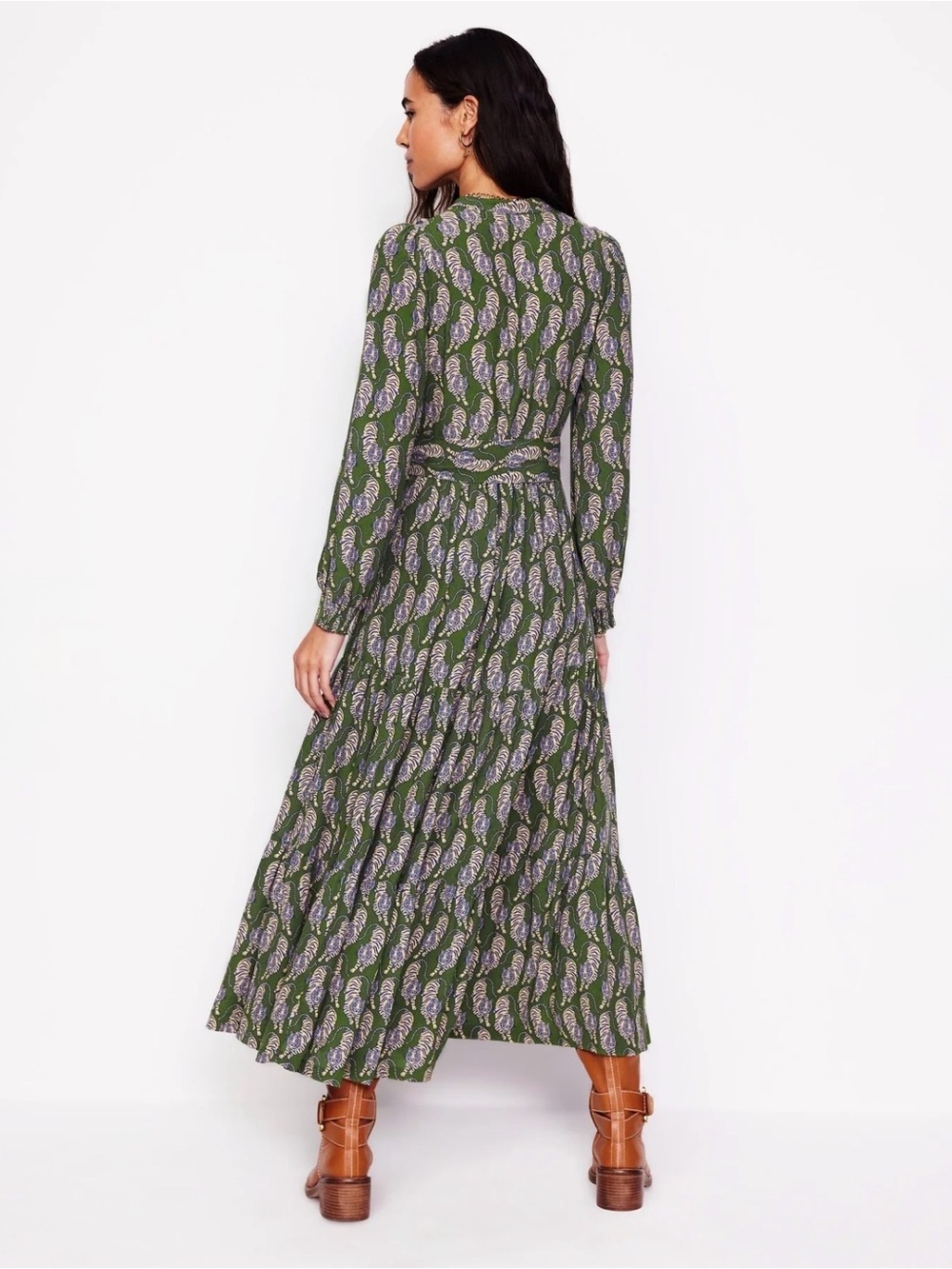 Boden Green Purple and Tan Tiger Print Maxi Dress with Tie Waist - Picture 4 of 11